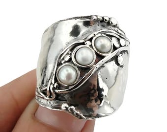 Sterling Silver Pearl RingRing, Handmade Wide Silver Ring, Ring with Pearls, Israeli Designers, Hadar Jewelry ready size 8.5