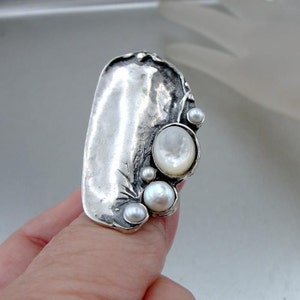 Sterling Silver Pearl Ring, White Freshwater Pearl Ring, June birthstone, Fine Pearl Ring, Long ring,