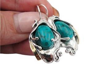 Turquoise earrings, Sterling Silver and Yellow Gold earrings, Big Gemstone earrings, Handmade silver earrings, Israeli design, Hadar jewelry