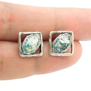 Roman Glass Earrings, Sterling Silver Earrings, Square Stud Earrings, Handmade Roman Glass Earrings, Israeli Designers, Hadar Jewelry