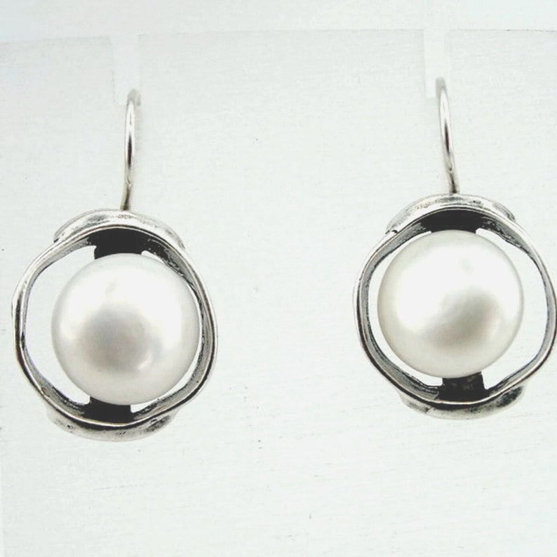 Great handcrafted Sterling Silver long Pearl Earrings, Pearl Silver Earrings, Round Pearl Earrings, Wedding Earrings (di 208)
