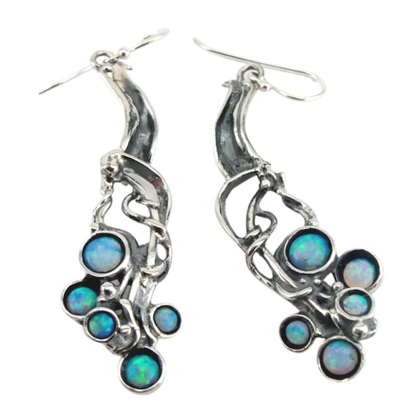 Mosaic Opal Earrings, Sterling Silver earrings, Long Silver Earrings, Handmade Opal and Silver earrings, Israeli Designers, Hadar Jewelry