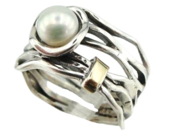 Pearl Ring, Sterling Silver And Natural White Pearl Ring Decorated With Yellow Gold, Handmade, Israeli Jewelry Made In Israel, Hadar Jewelry