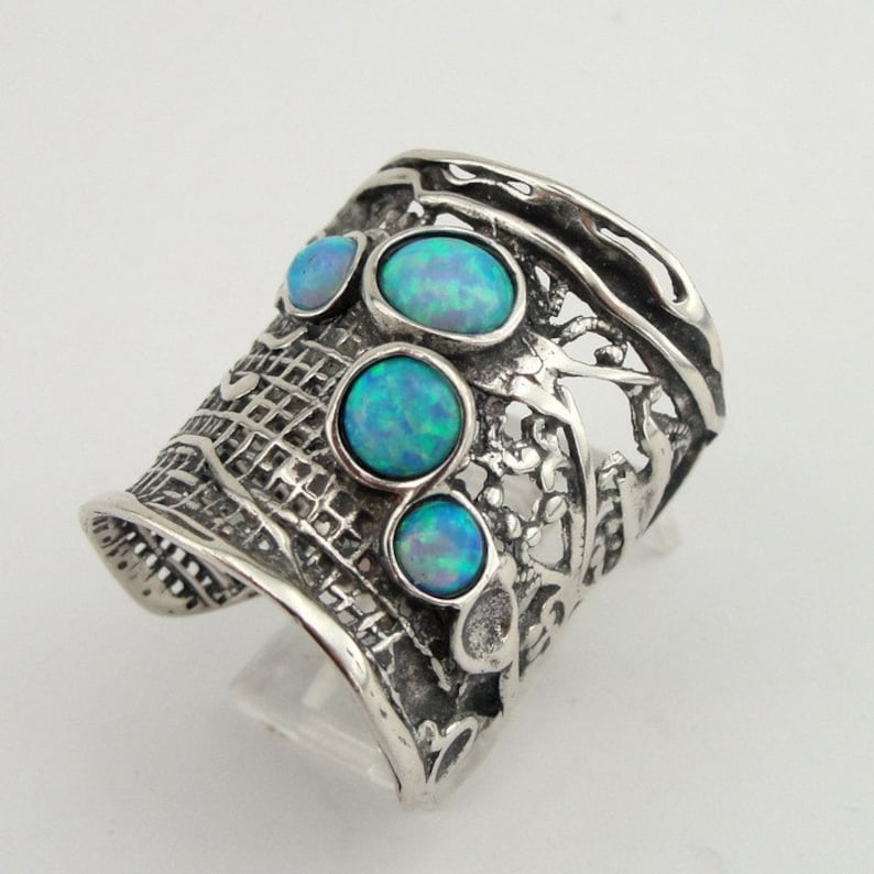 Israeli Jewelry made in Israel solid Sterling Silver Blue Mosaic Opal Ring great gift available in many other gemstones Wide net texture
