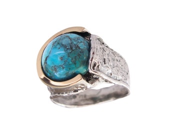 Turquoise ring Amazonite Ring,  Sterling Silver, and Gold Ring,  Handmade Jewelry, Big Gemstone Ring,  Hadar Jewelry