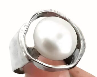 Pearl Ring, Sterling Silver Ring, White Pearl Ring, Silver Ring, Round Pearl Silver Ring, Israeli Designers,  READY TO SHIP, Size 8.5