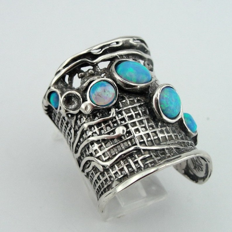 Israeli Jewelry made in Israel solid Sterling Silver Blue Mosaic Opal Ring great gift available in many other gemstones Wide net texture