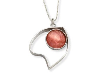 Pink Rutilated Quartz Sterling Silver Pendant: Abstract Leaf Necklace