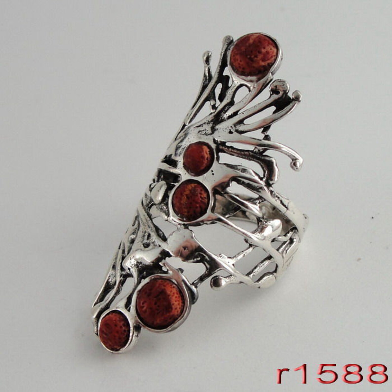 Ledy Stunning Long 925 Sterling Silver Sponge Coral Ring size Etsy