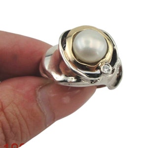 Hadar Jewelry Handcrafted Israel Art Sterling Silver Pearl Ring Gold 9k Zircon Gift For Her