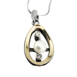 Pearl Pendant, Sterling Silver and Yellow Gold Pendant, Oval Gold Pendant, Zircon Gold and Silver Pendant, Israeli Designers, Hadar Jewelry