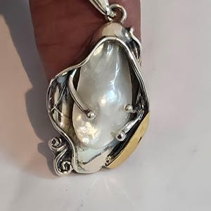 Pearl Pendant, Sterling Silver Yellow Gold Pendant, Handmade Pearl Pendant, Big Silver Pearl pendant, Israeli Design, Hadar Jewelry 328pp