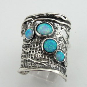 Wide Net Texture, Solid Sterling Silver Blue Mosaic Opal Ring, Israeli Jewelry Made In Israel, Available In Many Other Gemstones, Great Gift
