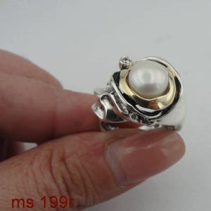 Hadar Jewelry Handcrafted Israel Art Sterling Silver Pearl Ring Gold 9k Zircon Gift For Her