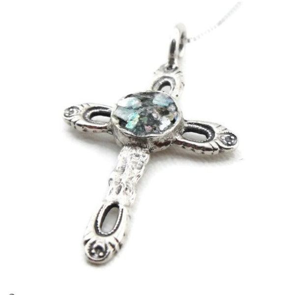 Roman Glass Jewelry, 925 Sterling Silver, Unique Silver Cross Pendant with Roman Glass,Israeli Jewelry hadarjewelry, FREE SHIPPING (cr 2)