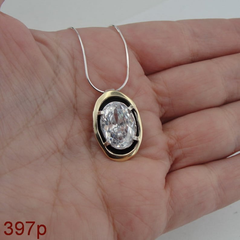 Zircon Pendant, Sterling Silver and Yellow Gold Pendant, Big Zircon ...