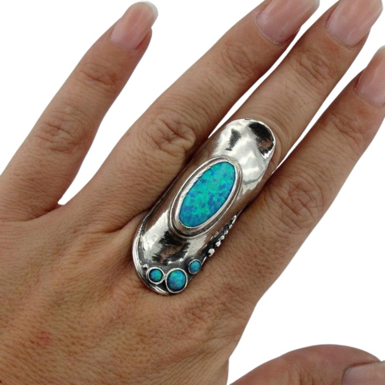 hadar jewelery collection , Silver Opal Ring, Long Ring, Handcrafted Opal Ring,Blue stone Ring, israel ring October birthstone (h 105B) 