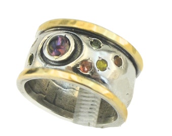 Amethyst Ring, Sterling Silver ring, Silver and Gold Ring, multi-color ring, Wide Ring, Zircon Ring, Hadar jewelry (ms 1688r)