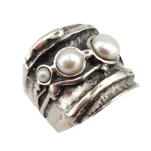 Pearl Ring, Sterling Silver Ring, Wide Silver Ring, Handmade White Pearl Ring, Ring, Israeli Designers, Hadar Jewelry, free shipping (145)