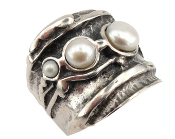 Pearl Ring, Sterling Silver Ring, Wide Silver Ring,White Pearl Ring, Ring, Israeli Designers, Hadar Jewelry, free shipping (ha 145)