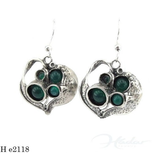 Gemstone Jewelry Stunning Sculpted Sterling Silver Green Agate Earrings Made in 2024 Israel Handmade Earrings Green Stone Jewelry Gift (H e2118)