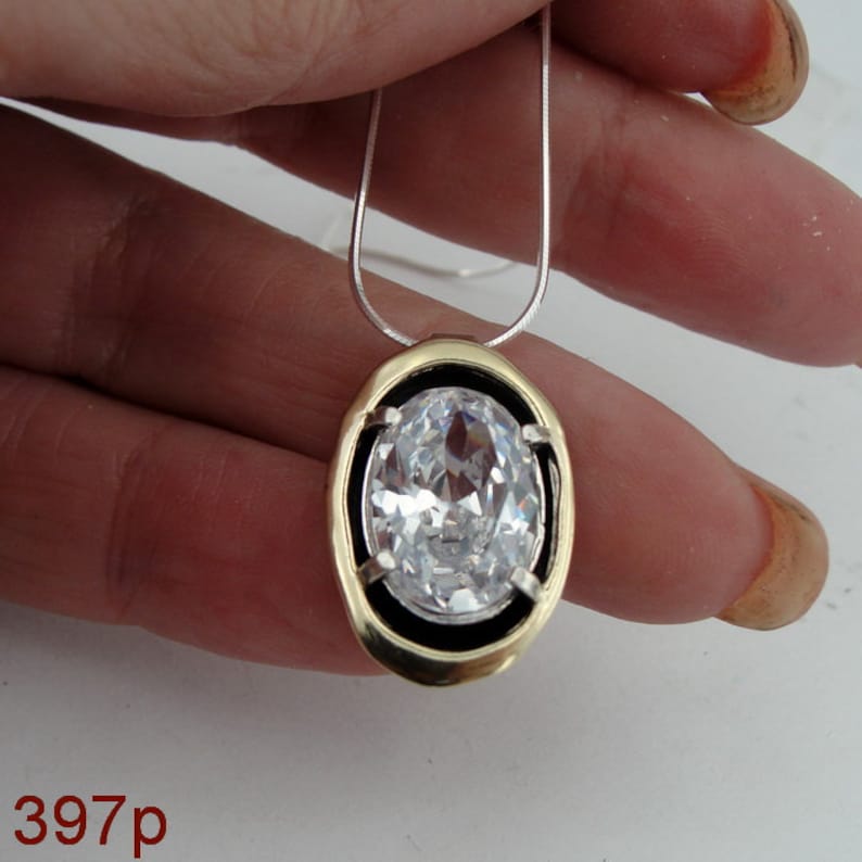 Zircon Pendant, Sterling Silver and Yellow Gold Pendant, Big Zircon ...