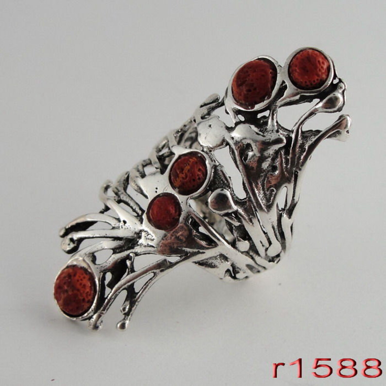 Ledy Stunning Long 925 Sterling Silver Sponge Coral Ring size Etsy