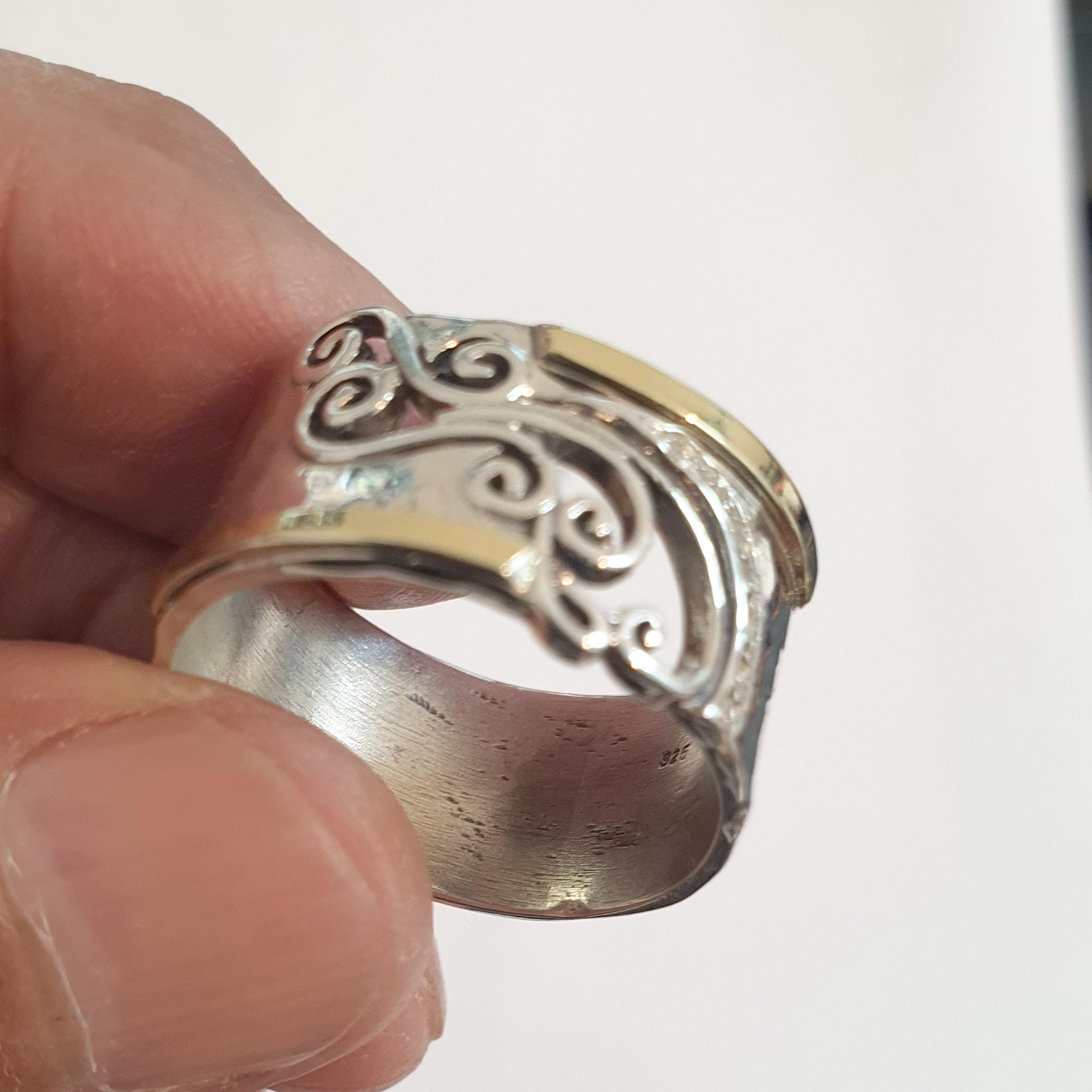 Unique Design, Wide Band, Sterling Silver And 9k Yellow Gold Ring, Filigree Wedding Band, Any Size, Made In Israel, Handmade size 12.5
