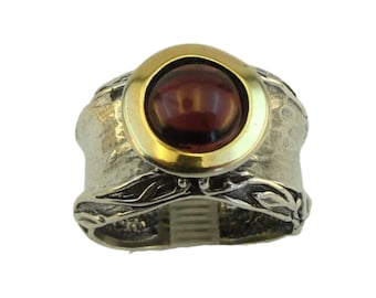 Garnet Band, 925 Sterling Silver And 9K Yellow Gold Ring, Israeli Jewelry, Gemstone Ring, Silver Gold Ring, Wide ring