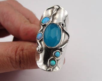 Blue Opal Ring, Long 925 Silver Opal Ring, Ocean Quartz Ring, Blue Stone Ring, Birthday Gift, Opal Jewelry, October birthstone (174