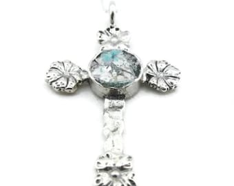 Cross Flower Roman Glass Jewelry, 925 Sterling Silver, Silver Cross Pendant Israeli Jewelry hadarjewelry, FREE SHIPPING (cr 1)