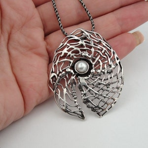 Pearl Pendant, Sterling Silver Pendant, Handmade Wide Silver Pendant, Silver Web Pendant, Long necklace Israeli Designers, Hadar Jewelry