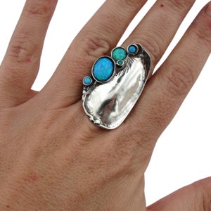 Opal Ring, Bold Sterling Silver Blue Opals Ring, Wide Ring, Unisex Design, Israeli Jewelry, Statement Ring, Multiple Gemstone Ring