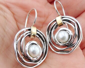 Pearl earrings, Sterling Silver and Yellow Gold earrings, swivel Silver earrings, Handmade Silver earrings, Israeli Designs, Hadar Jewelry