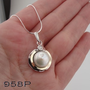 Pearl Pendant, Sterling Silver and Yellow Gold Pendant, Zircon cicle pendant, Handmade Necklace, Israeli Jewelry, Hadar Designers