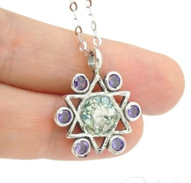 Amethyst Pendant, Sterling Silver and Roman Glass Pendant, Star of ...