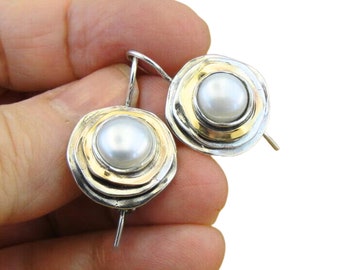 Pearl Earrings, Sterling Silver and Yellow Gold earrings, Pearl Silver earrings, Handmade Pearl Earrings, Israeli designers, Hadar Jewelry