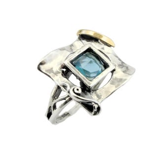 ms Sterling Silver Ring with Blue Zircon And Yellow Gold -Statement Ring for Women - Sterling Silver and 9K Yellow Gold Ring (351 ms)
