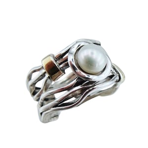 Pearl Ring, Sterling Silver And Natural White Pearl Ring Decorated With Yellow Gold, Handmade, Israeli Jewelry Made In Israel, Hadar Jewelry