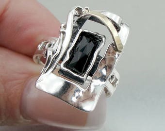 Sterling Silver 925 and 9K Yellow Gold rings , Handcrafted square rings,onyx stone rings,gift , christmas (ms 353r)