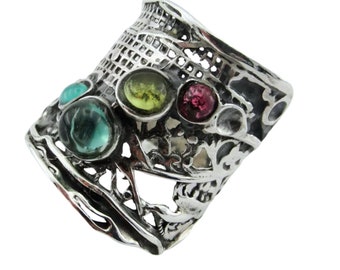 Tourmaline, Granet and Citrin Ring, Sterling Silver Ring,  Multi-Gems Ring, Wide Ring, Unisex Ring