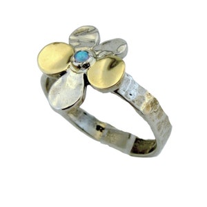 Mosaic Opal Ring, Sterling Silver, and Yellow Gold Ring, Floral Ring, Delicate Ring, Handmade Opal Ring, Israeli Designers, Hadar jewelry