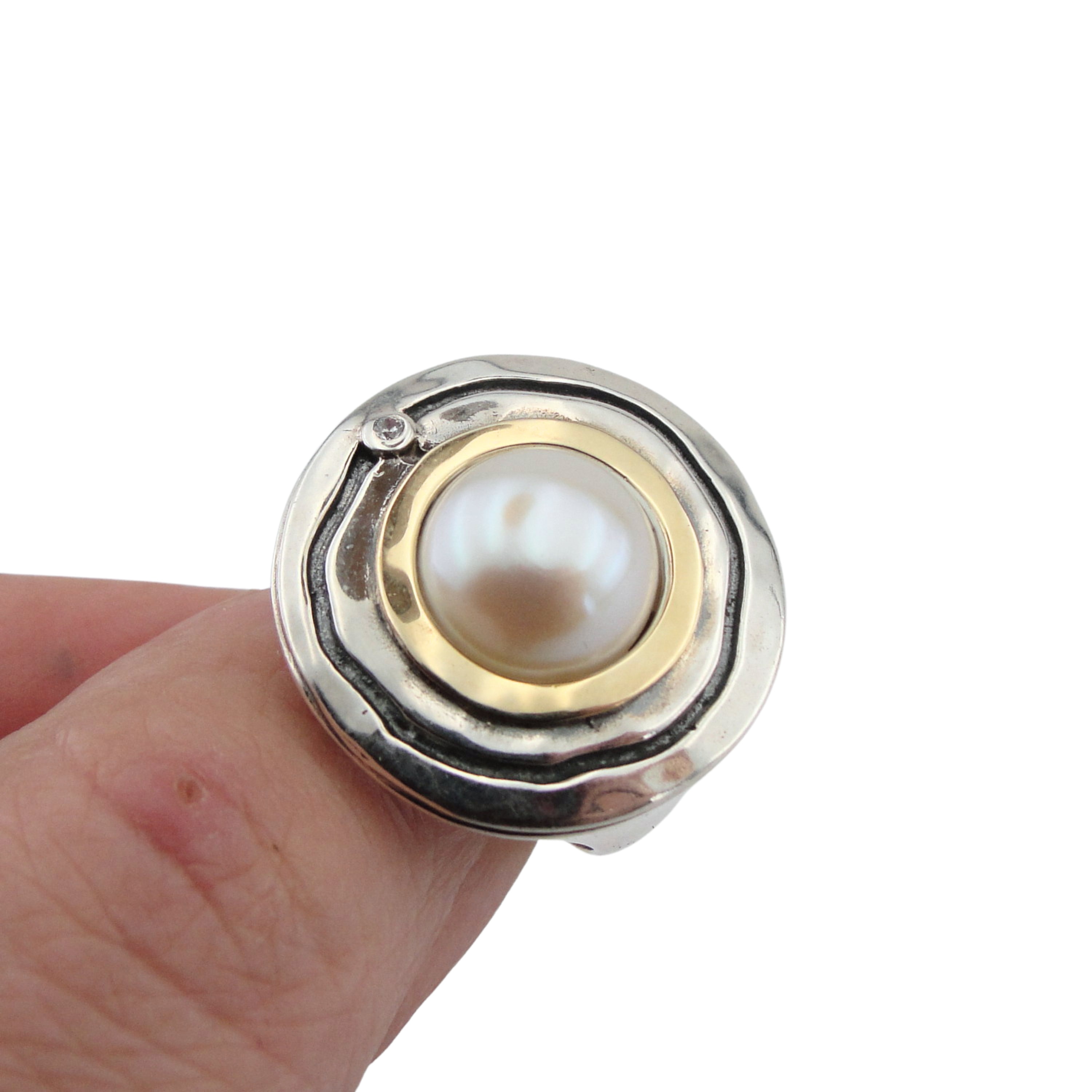 Pearl Ring, Sterling Silver, and Yellow Gold Ring, Handmade Silver Ring, Round Silver Ring, zircon Ring, Israeli Designers, Hadar Jewelry