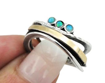 Blue Opal Ring in Sterling Silver and 9K Gold Wide Band Handmade Statement Jewelry