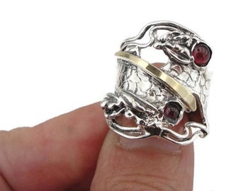 Unique Design Gemstone Ring Sterling Silver & 9K Yellow Gold Garnet Ring Handcrafted Red Stone Ring Israeli Jewelry Woman's Gift