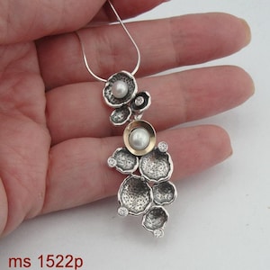 Pearl Pendant, Sterling Silver and Yellow Gold Pendant, Long Leaf Pendant, Handmade Silver Floral Pendant, Israeli designers, Hadar Jewelry