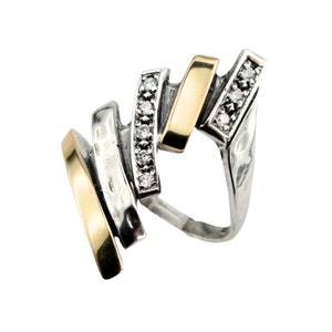 Zircon Ring, Sterling Silver and yellow Gold Ring, multi-band ring, Handmade Silver and Gold Ring, Israeli Designs, Hadar Jewelry