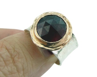 Garnet wide ring, 925 Sterling Silver and 9K Yellow Gold Ring, Size 7.5, Israeli Jewelry, Gemstone Ring, Silver Gold Ring, Red Stone (d1001)