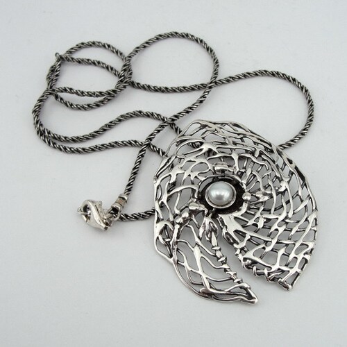 Hadar handcrafted Large Sterling Silver 925 , net pendant , gift , Pearl Pendent (H 448) shops