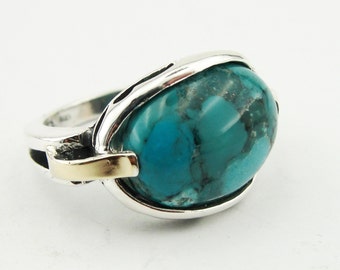 Silver Ring with Turquoise stone Handmade Gift for her by Hadar Jewelry Israel design oval shape silver and gold  (124)